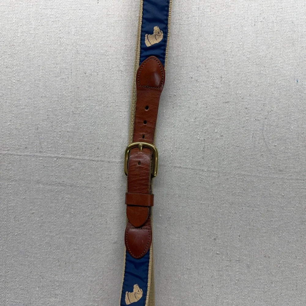 Vintage Surcingle Belt Navy Tan Canvas Leather Lab Dog Head Embroidery Size 42